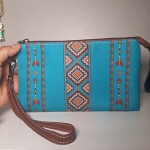 Teal/Blue and Brown Patterned Wristlet